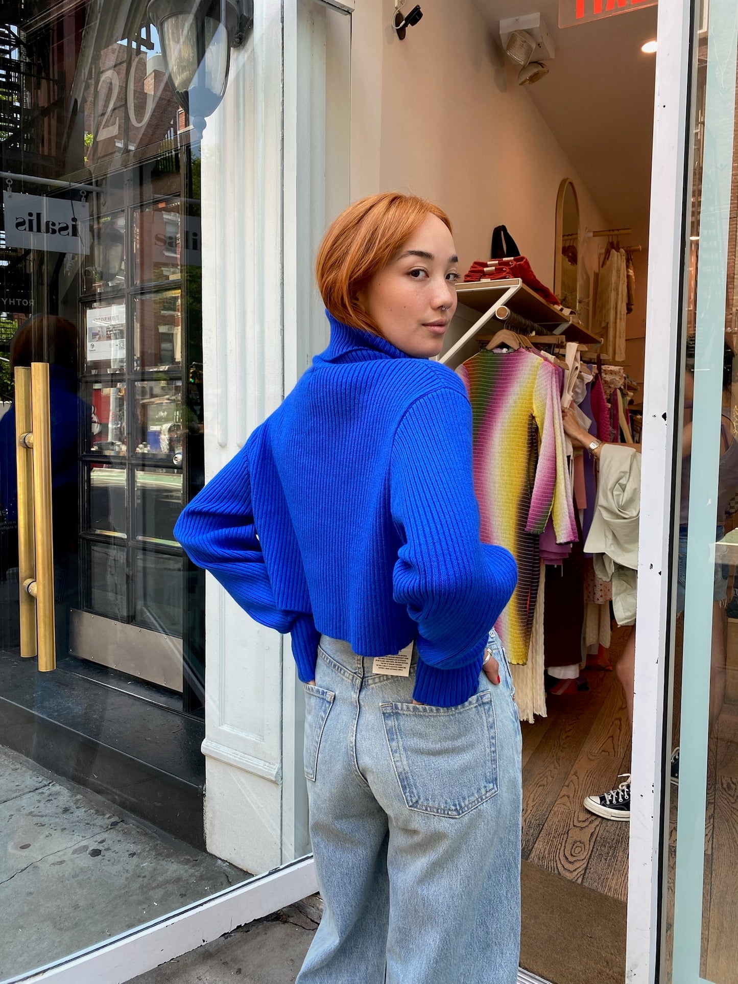 Jemma Cropped Turtleneck in Blue w/Thumbholes