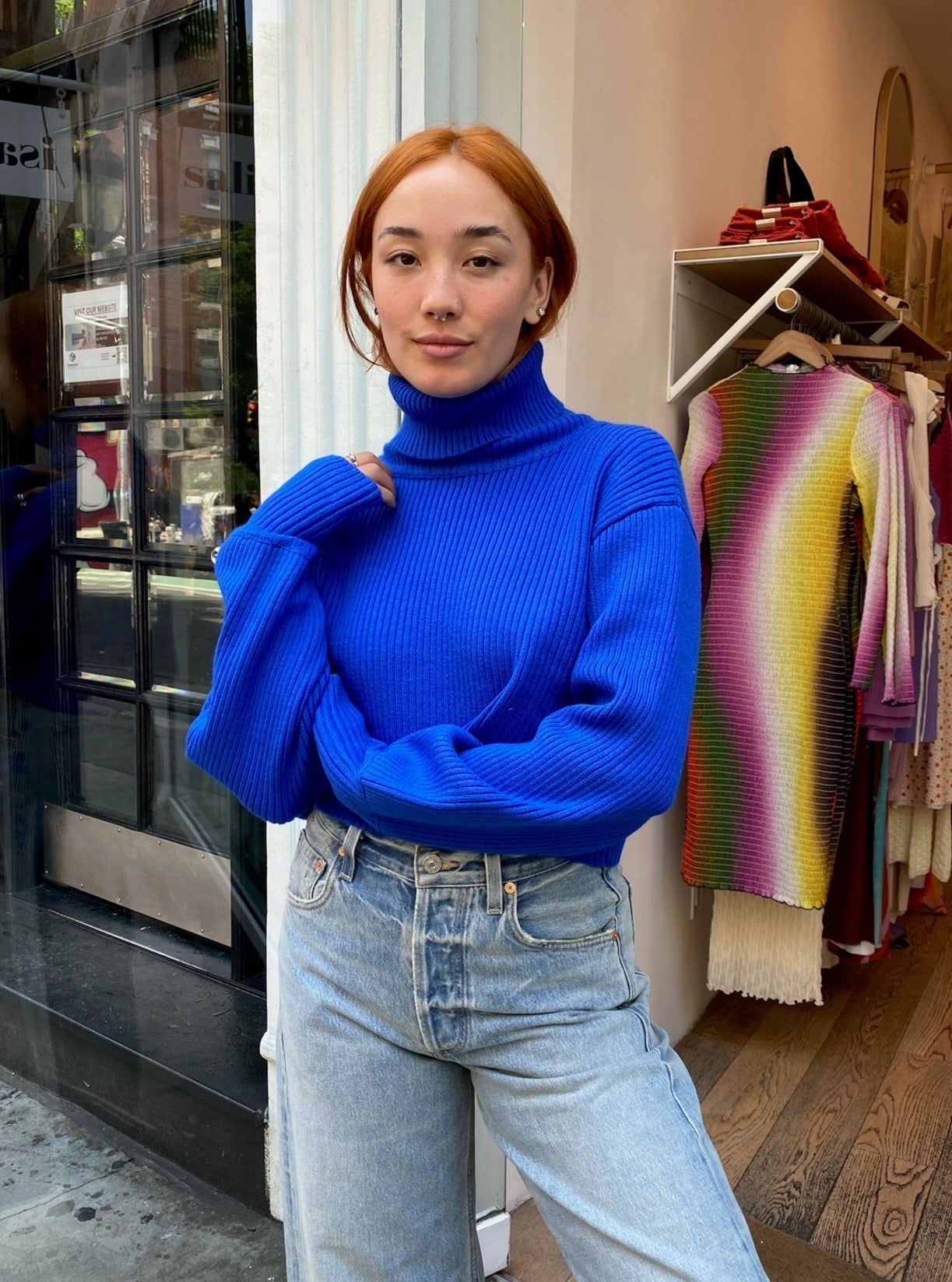 Jemma Cropped Turtleneck in Blue w/Thumbholes