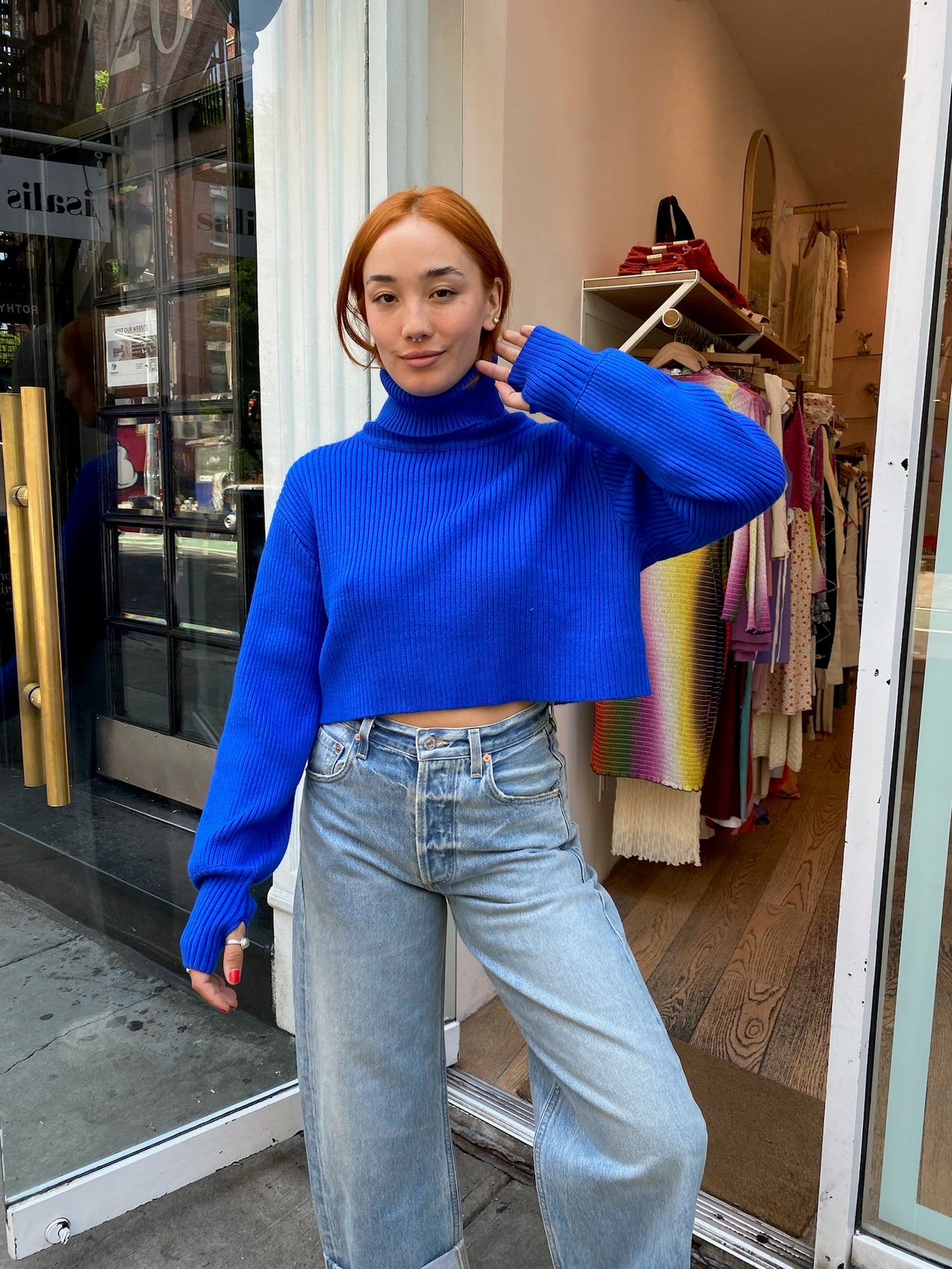 Jemma Cropped Turtleneck in Blue w/Thumbholes