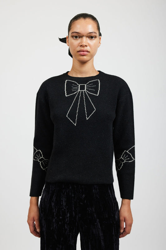 Bow Jacquard Sweater in Black