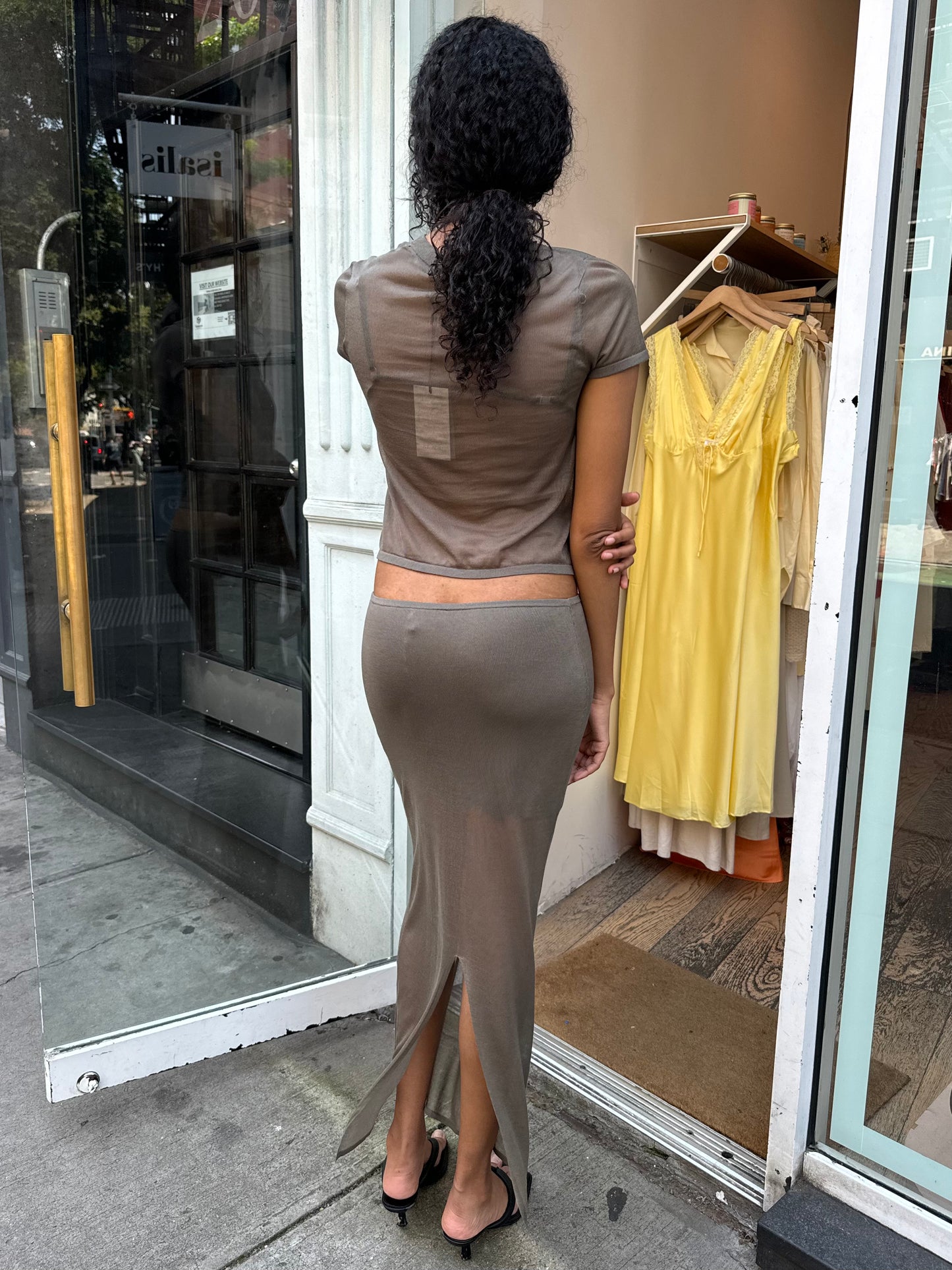 Sheer Column Skirt in Smokey Olive