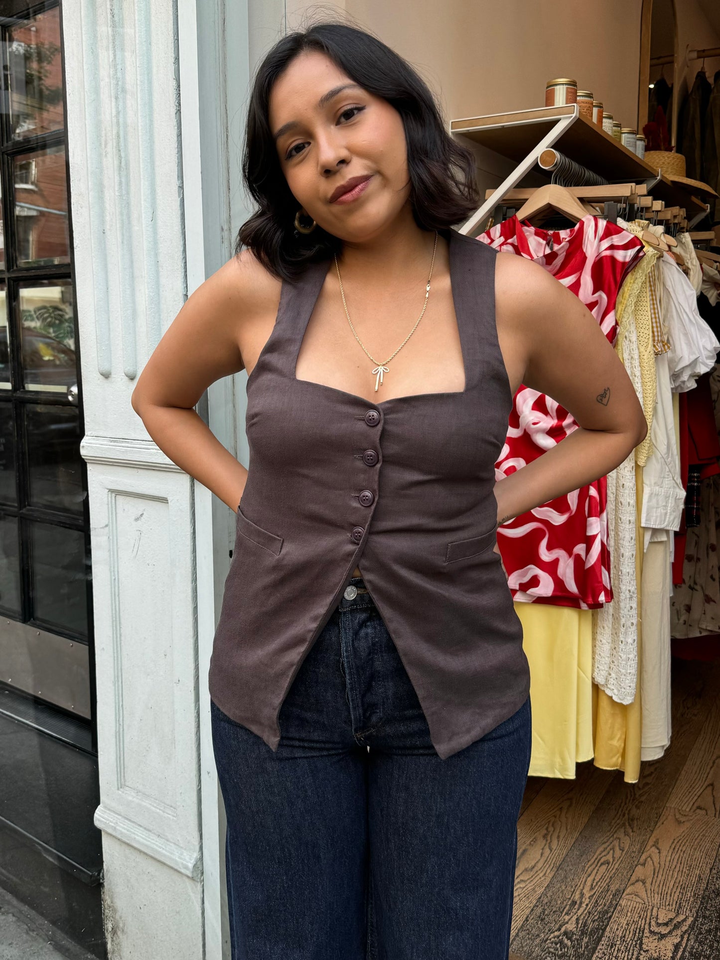 Remy Linen Vest in Coffee Bean