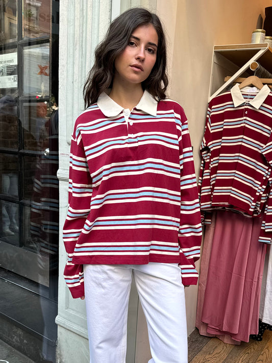 Charlie Oversized Rugby Long Sleeve in Cherry Stripe