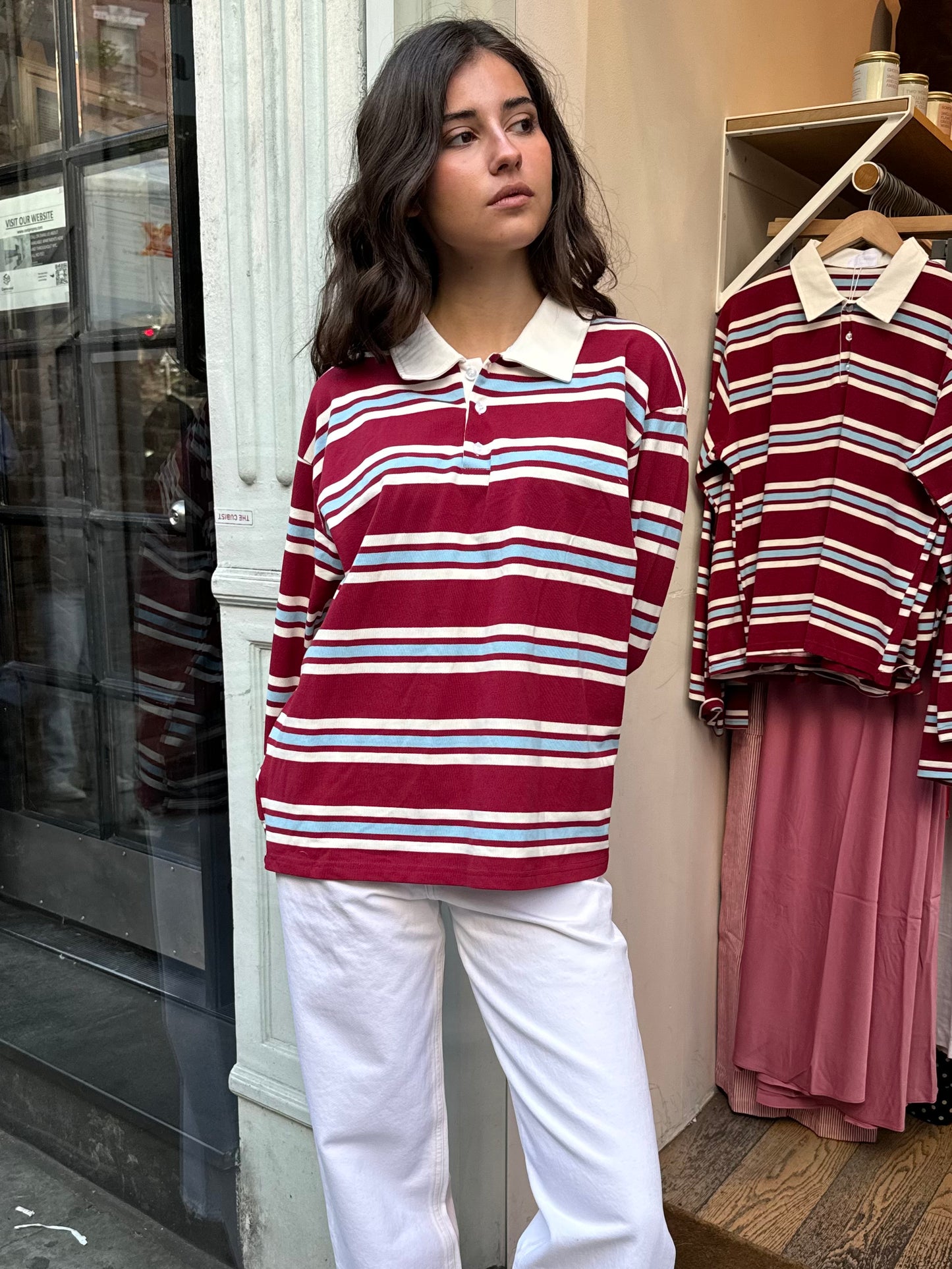 Charlie Oversized Rugby Long Sleeve in Cherry Stripe