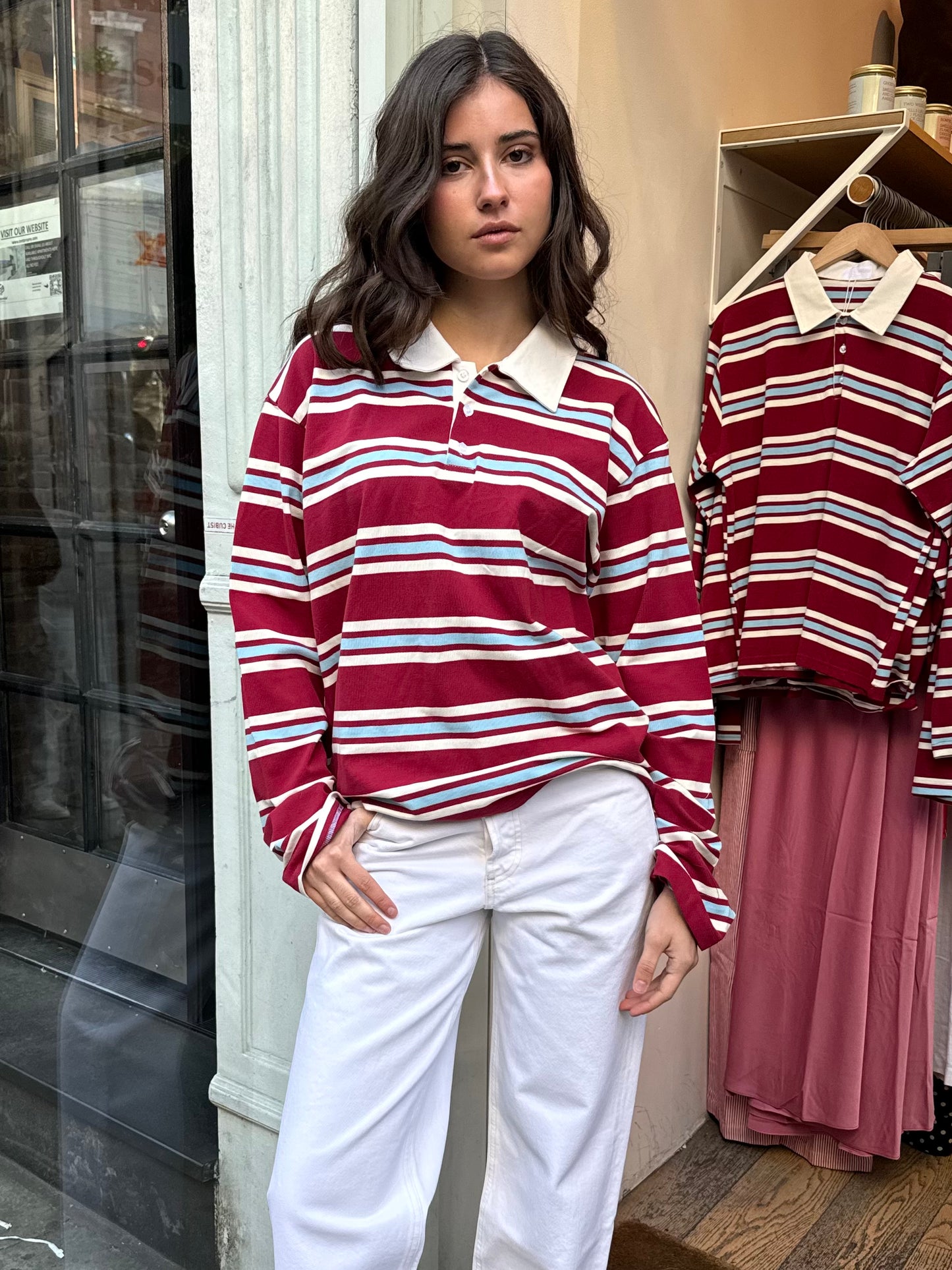 Charlie Oversized Rugby Long Sleeve in Cherry Stripe