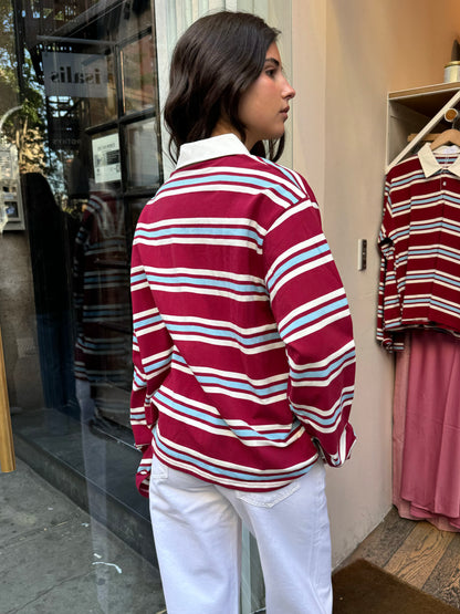 Charlie Oversized Rugby Long Sleeve in Cherry Stripe