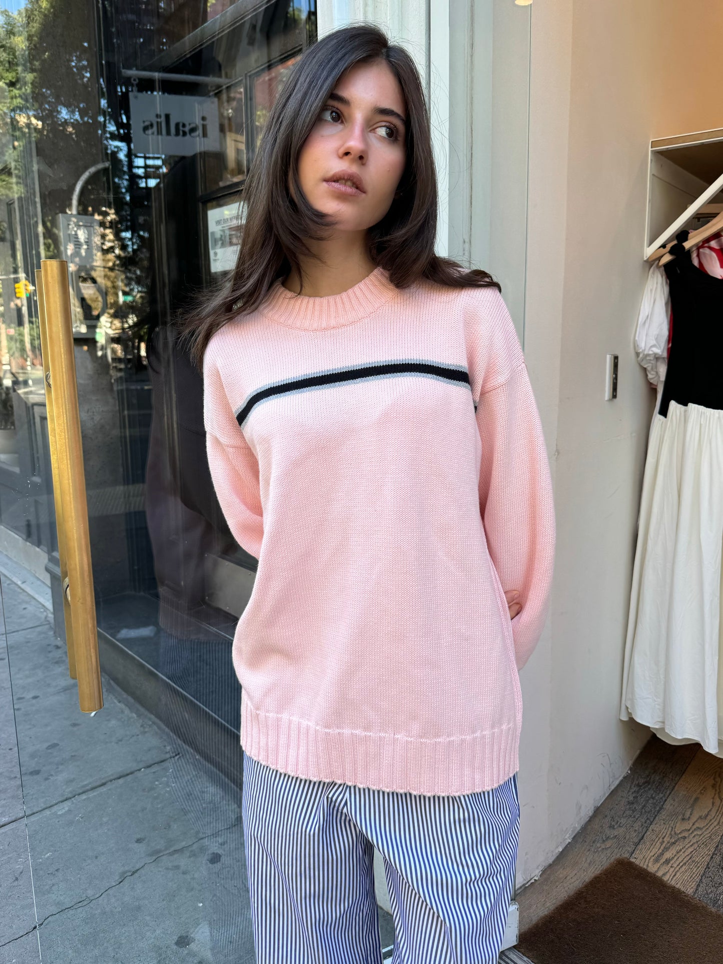 The Cotton Crewneck Stripe Sweater in Ballerina Stripe