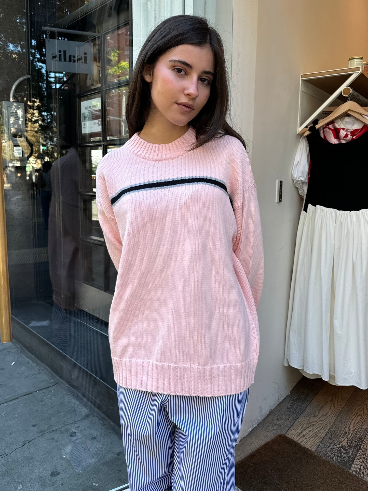 The Cotton Crewneck Stripe Sweater in Ballerina Stripe