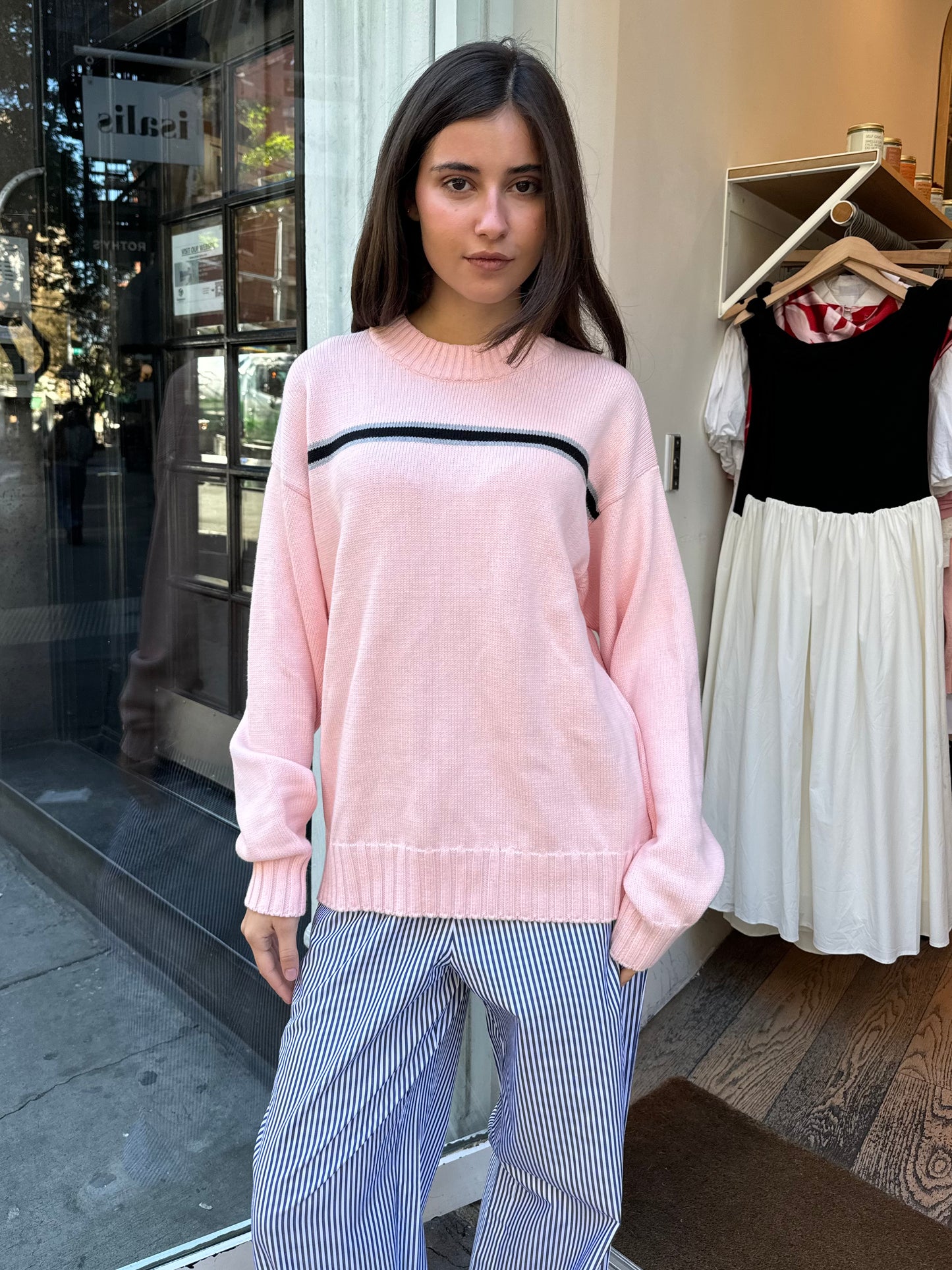 The Cotton Crewneck Stripe Sweater in Ballerina Stripe