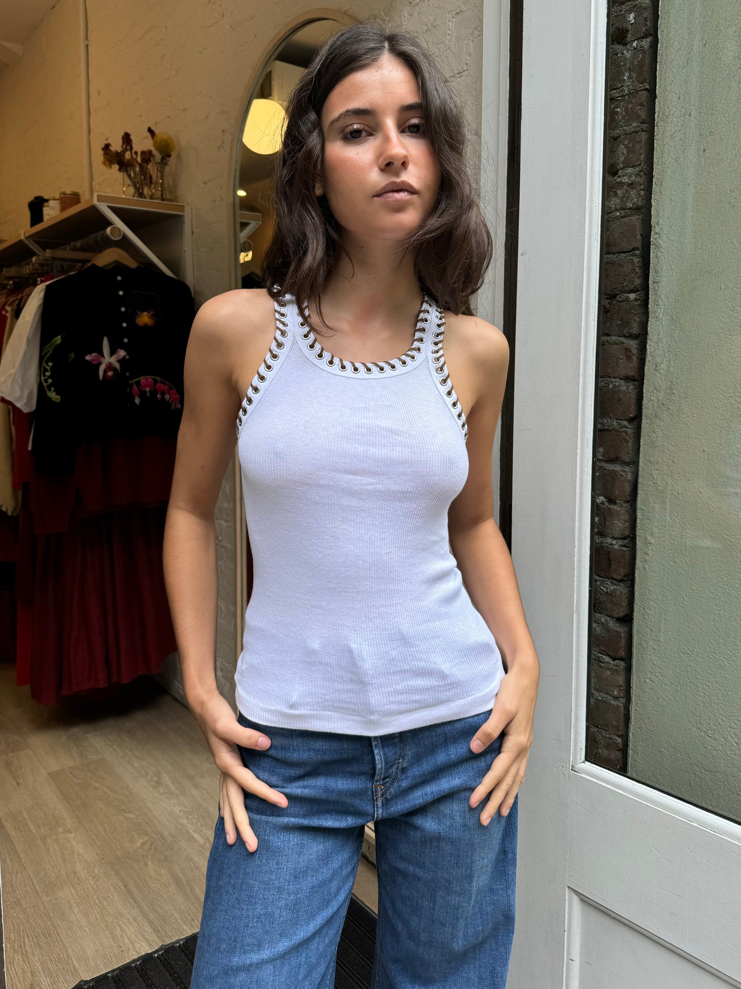 Whipstitch Ribbed Tank in White Brown