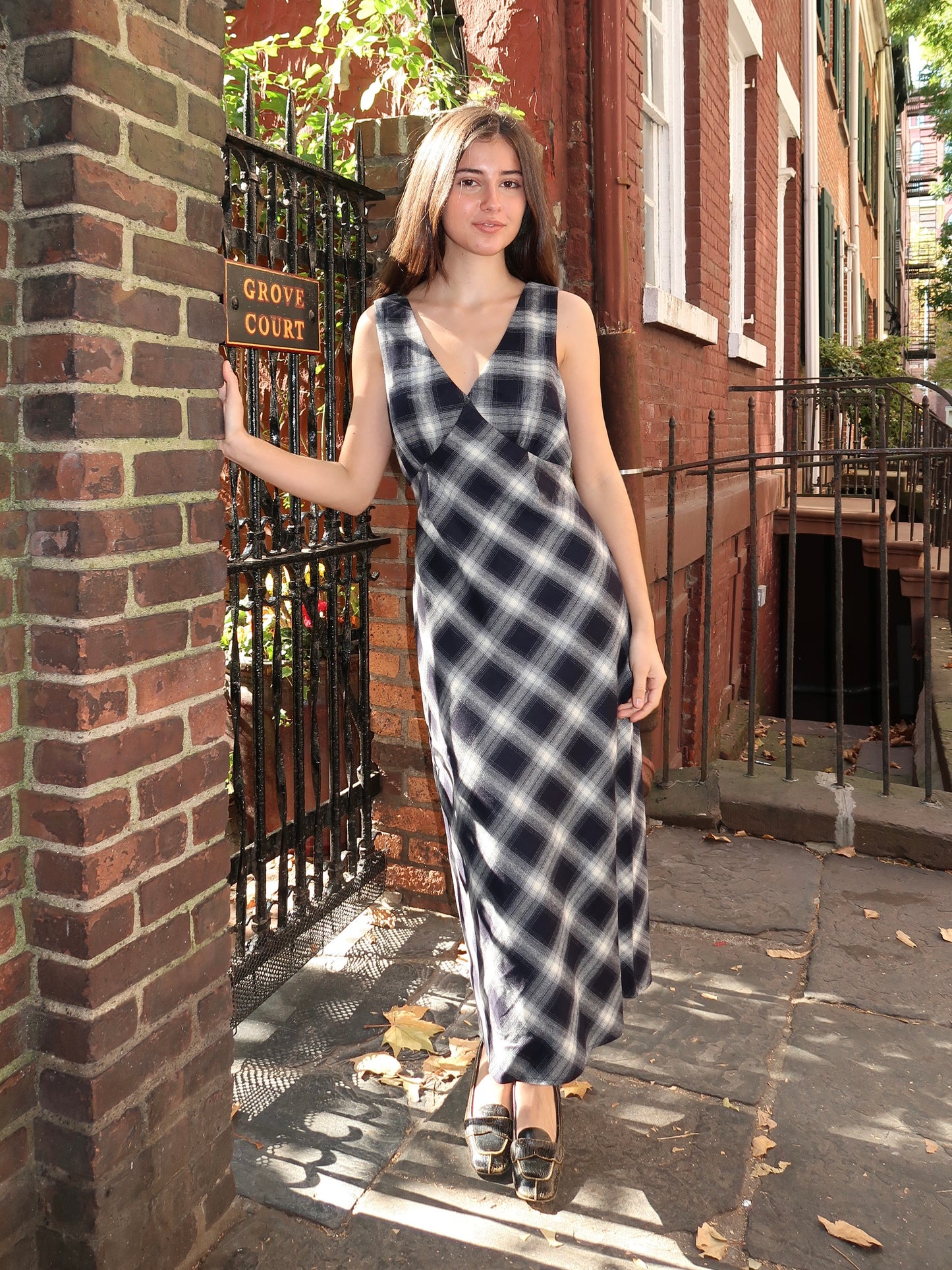 Brenna Plaid Maxi Dress in Navy