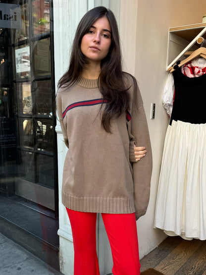 The Cotton Crewneck Stripe Sweater in Mushroom Stripe