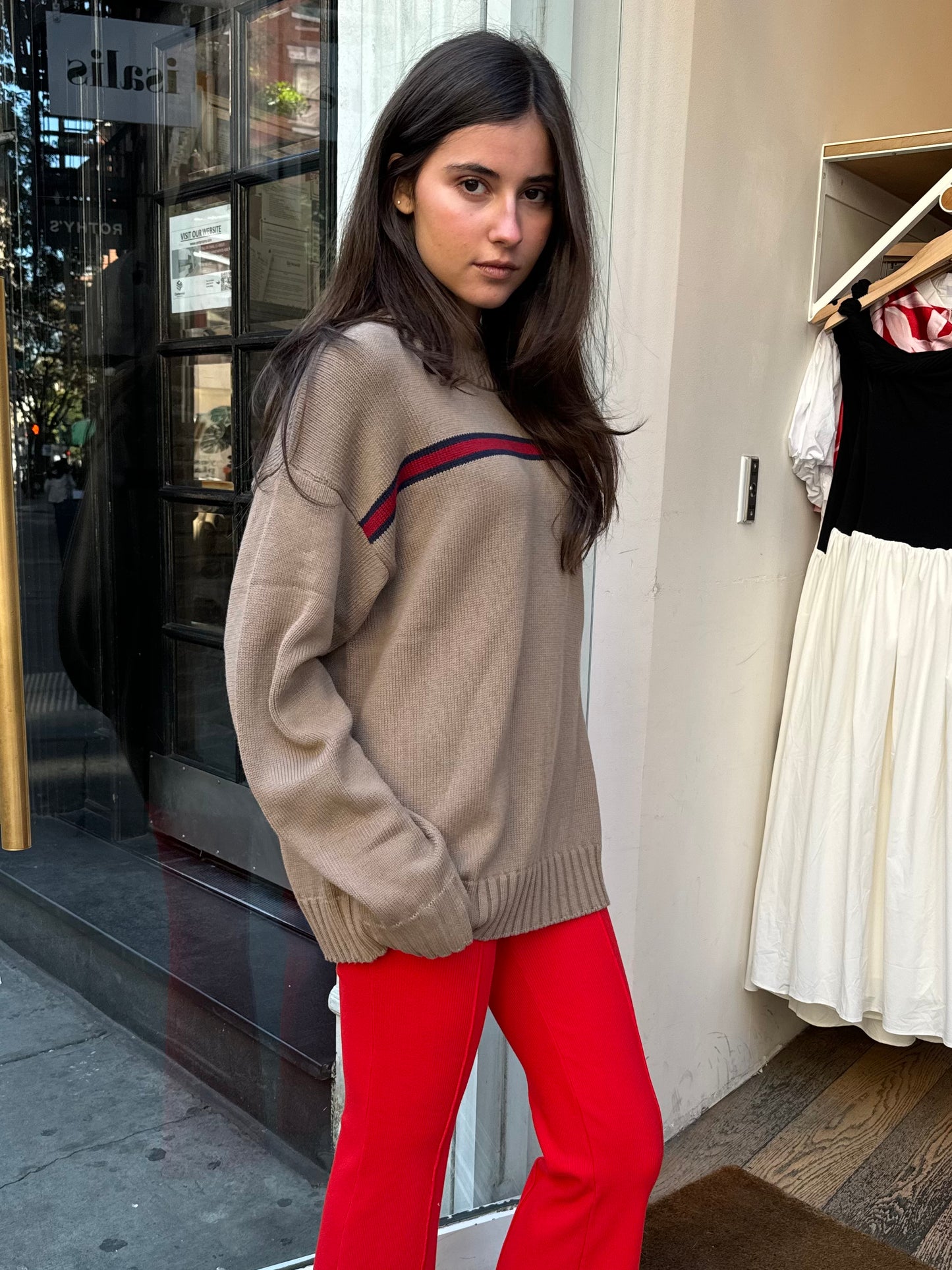 The Cotton Crewneck Stripe Sweater in Mushroom Stripe