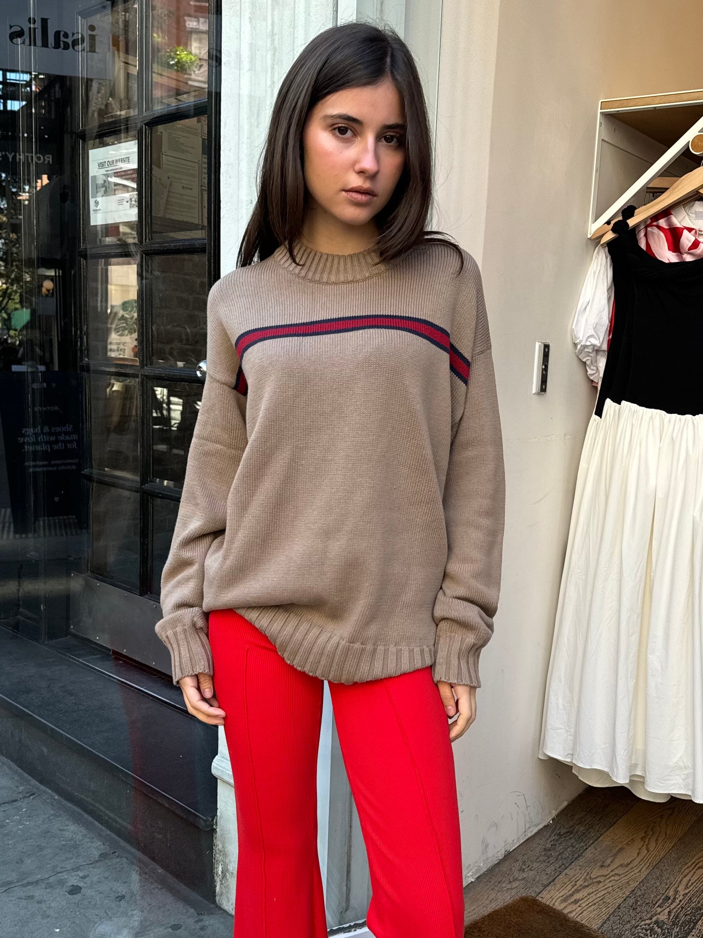 The Cotton Crewneck Stripe Sweater in Mushroom Stripe