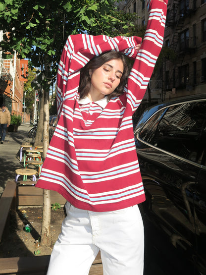 Charlie Oversized Rugby Long Sleeve in Cherry Stripe