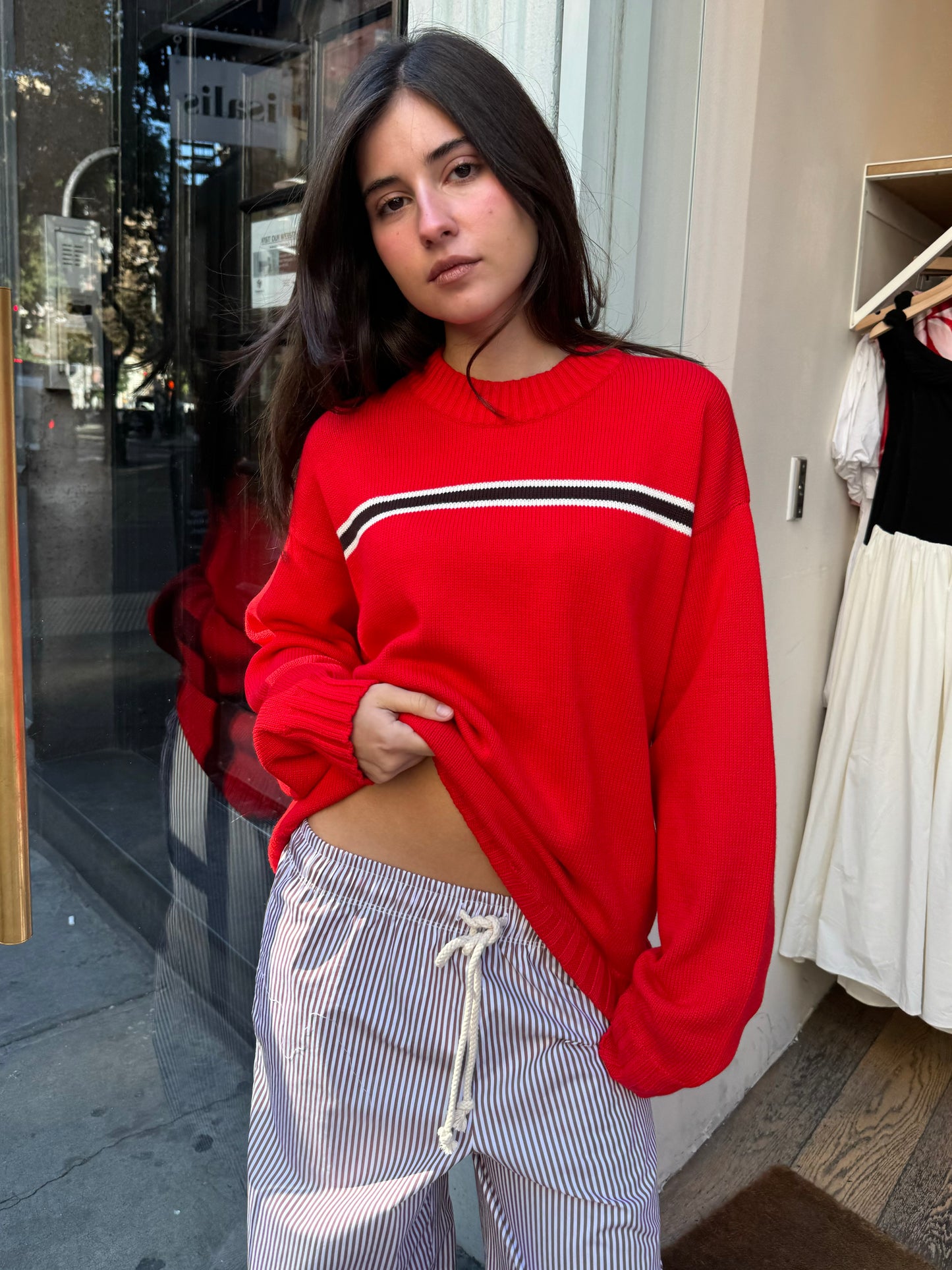 The Cotton Crewneck Stripe Sweater in Tomato Stripe