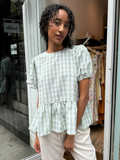 Cally Tie Front Blouse in Minty Plaid