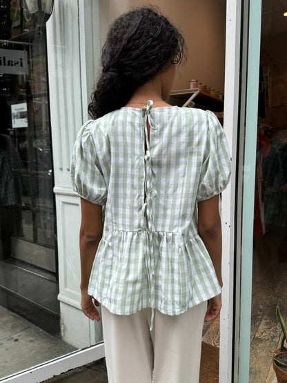 Cally Tie Front Blouse in Minty Plaid