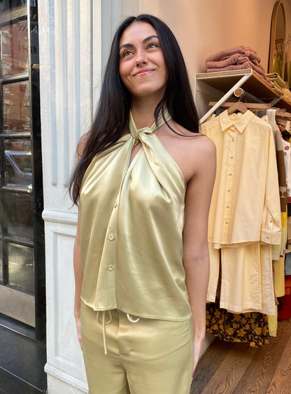 Neline Satin Shirt in Lime Yellow