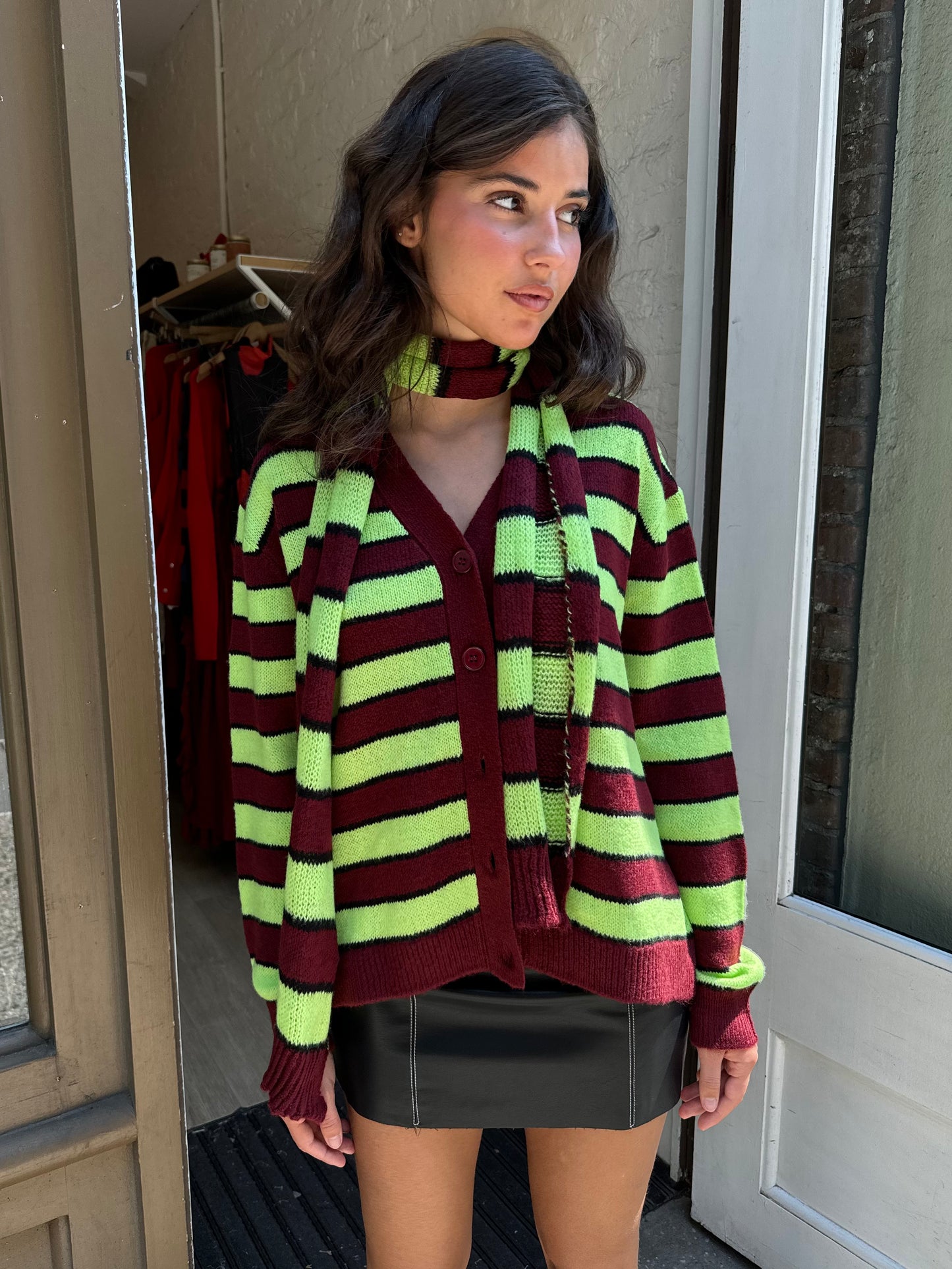 Patricia Knit Cardigan in Greeni Bordeux Stripe