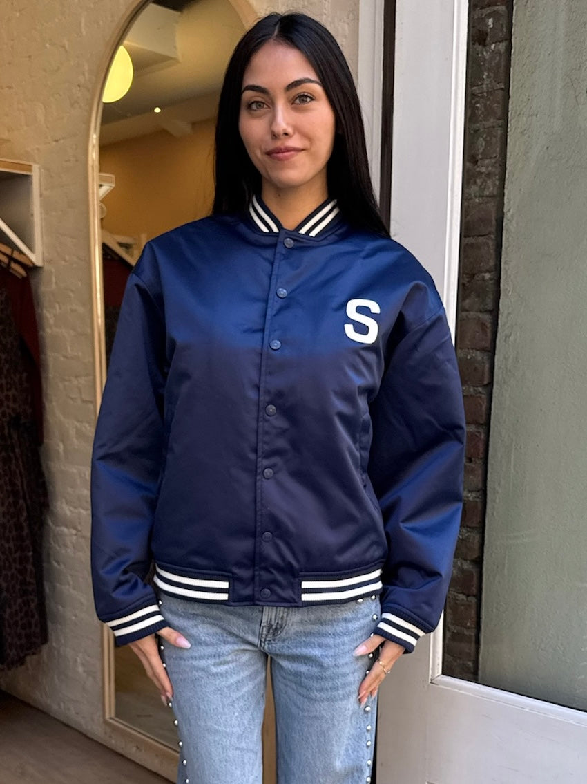 Satin Club Bomber Jacket in True Navy