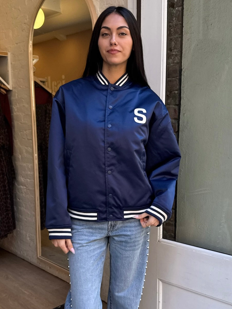 Satin Club Bomber Jacket in True Navy