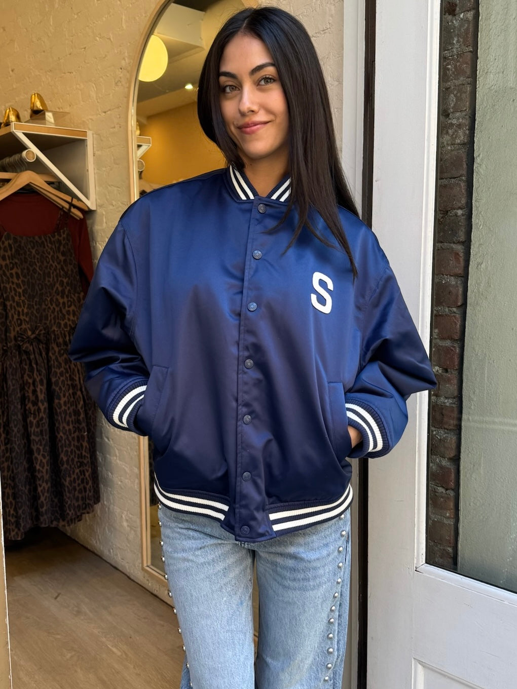 Satin Club Bomber Jacket in True Navy