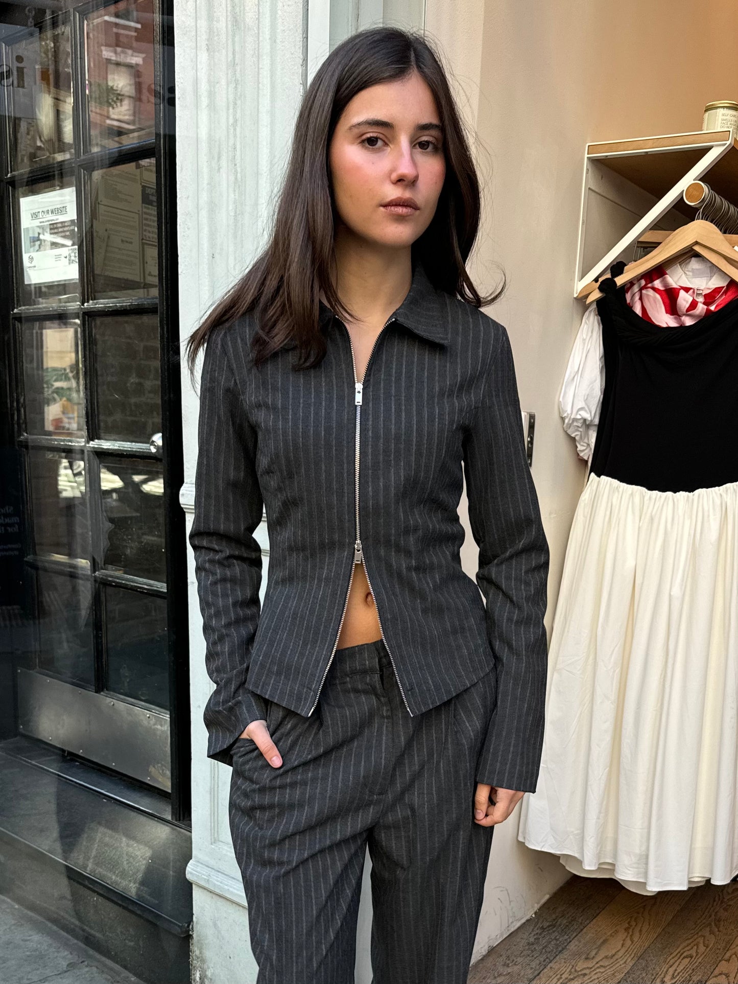 Rowy Zip Shirt in Dark Grey Pinstripe