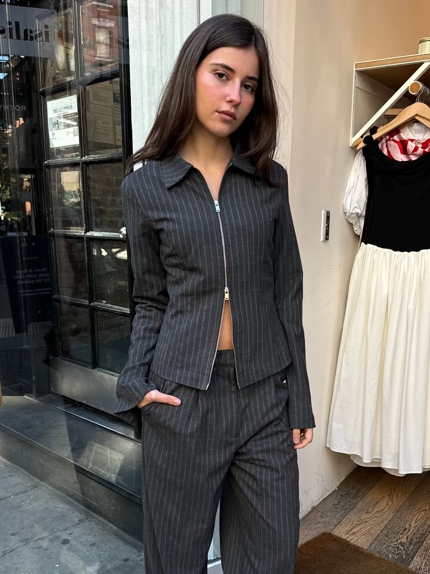 Rowy Zip Shirt in Dark Grey Pinstripe