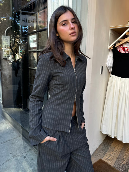 Rowy Zip Shirt in Dark Grey Pinstripe