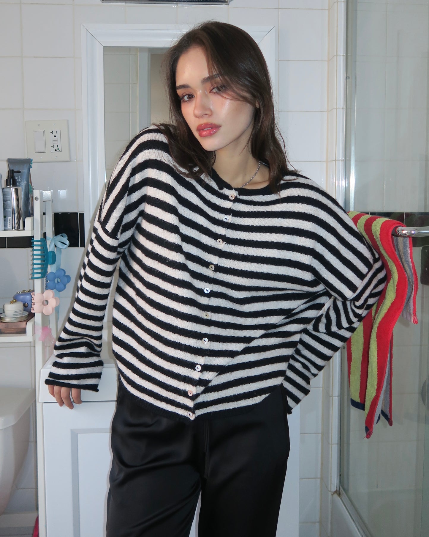 Pisces Button Down Cardigan in Black & White Stripe