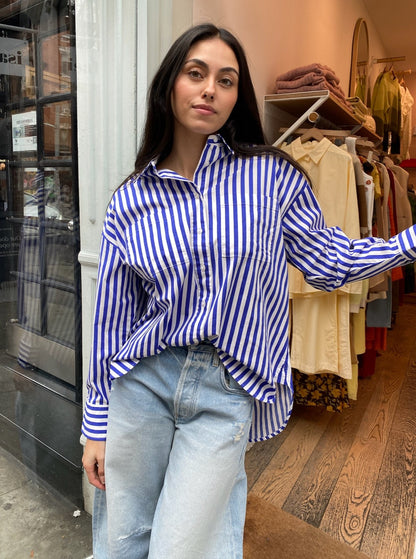 Rena Button Down Tunic Shirt in Cobalt Stripe