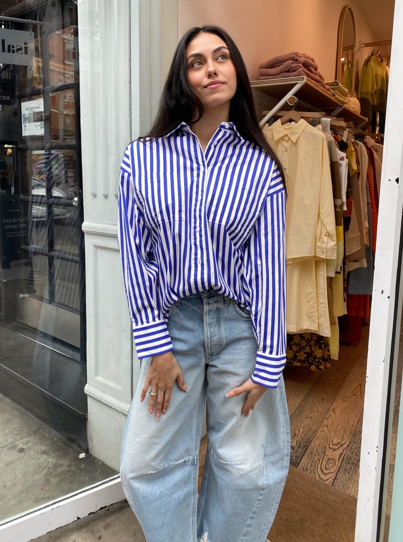 Rena Button Down Tunic Shirt in Cobalt Stripe