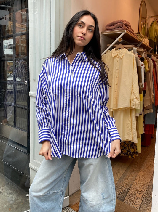 Rena Button Down Tunic Shirt in Cobalt Stripe