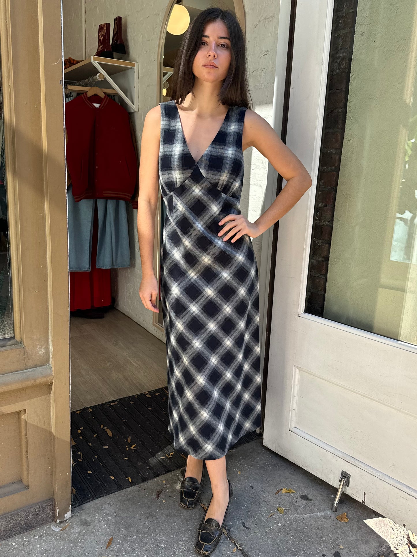 Brenna Plaid Maxi Dress in Navy