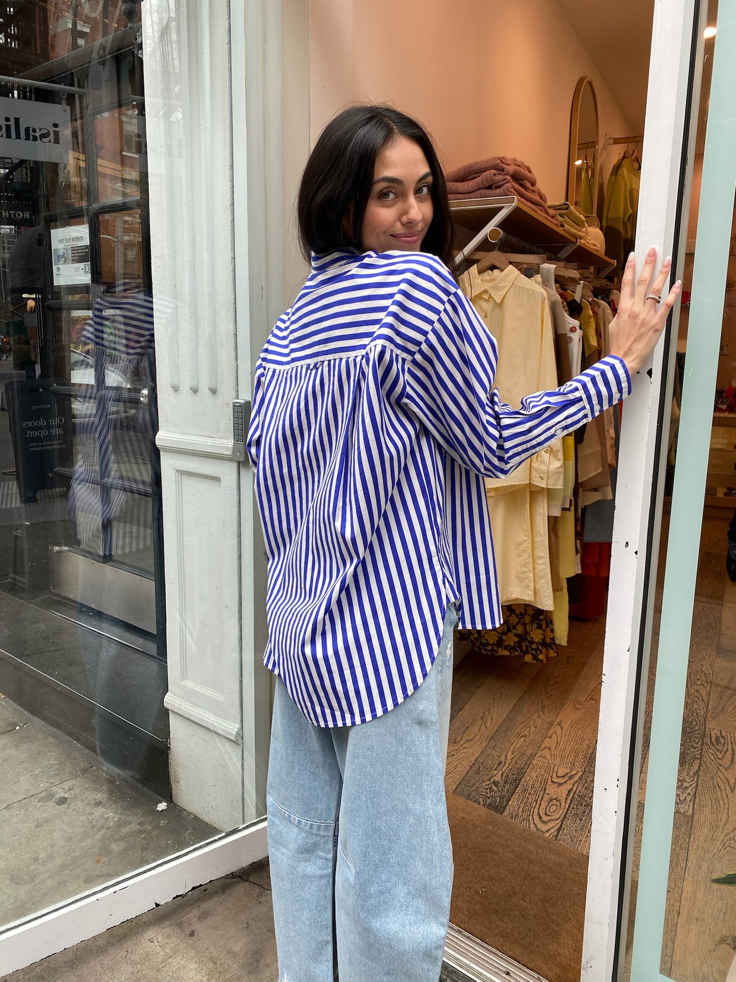 Rena Button Down Tunic Shirt in Cobalt Stripe