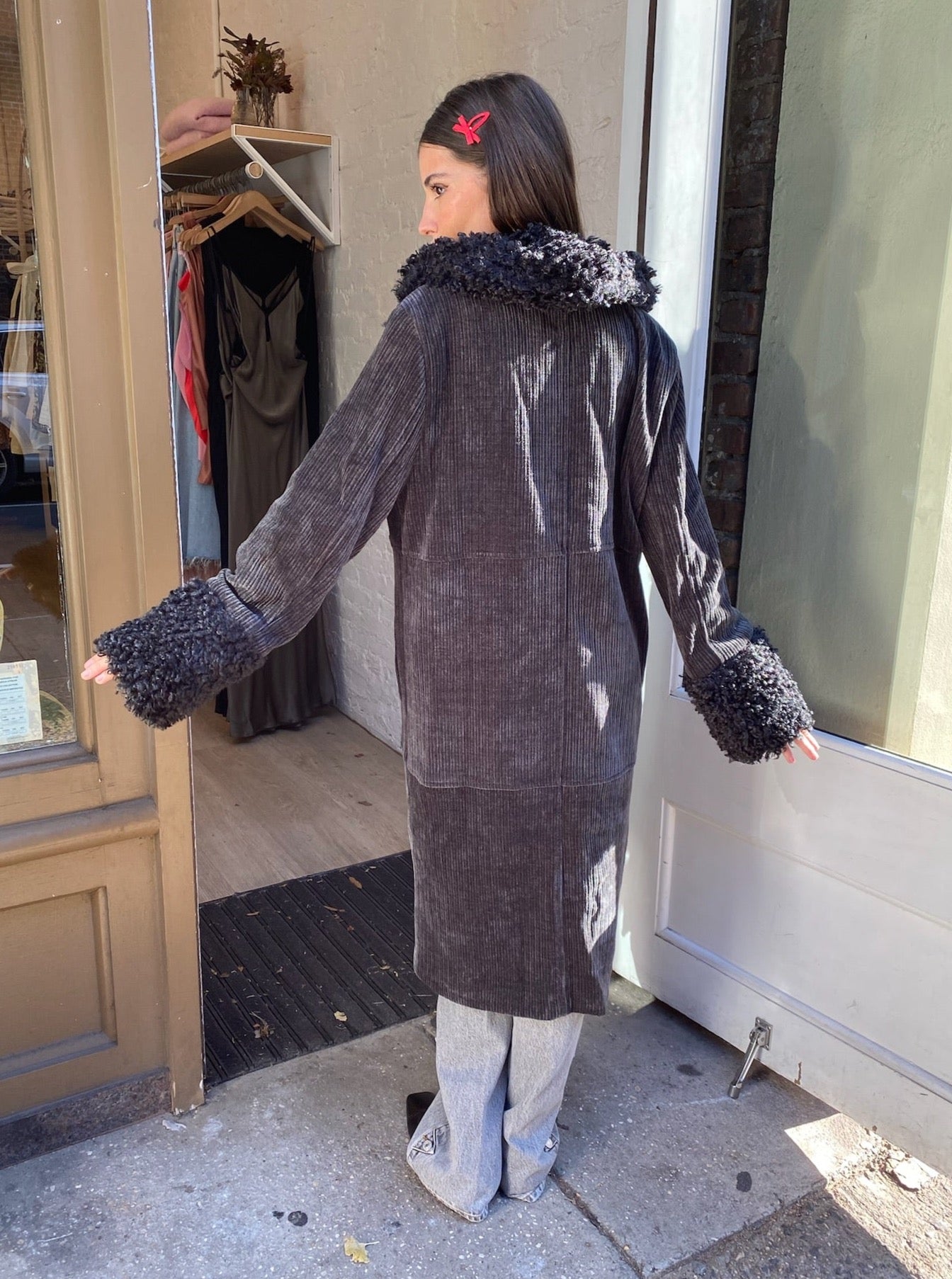 Crystal Faux Fur Coat in Black