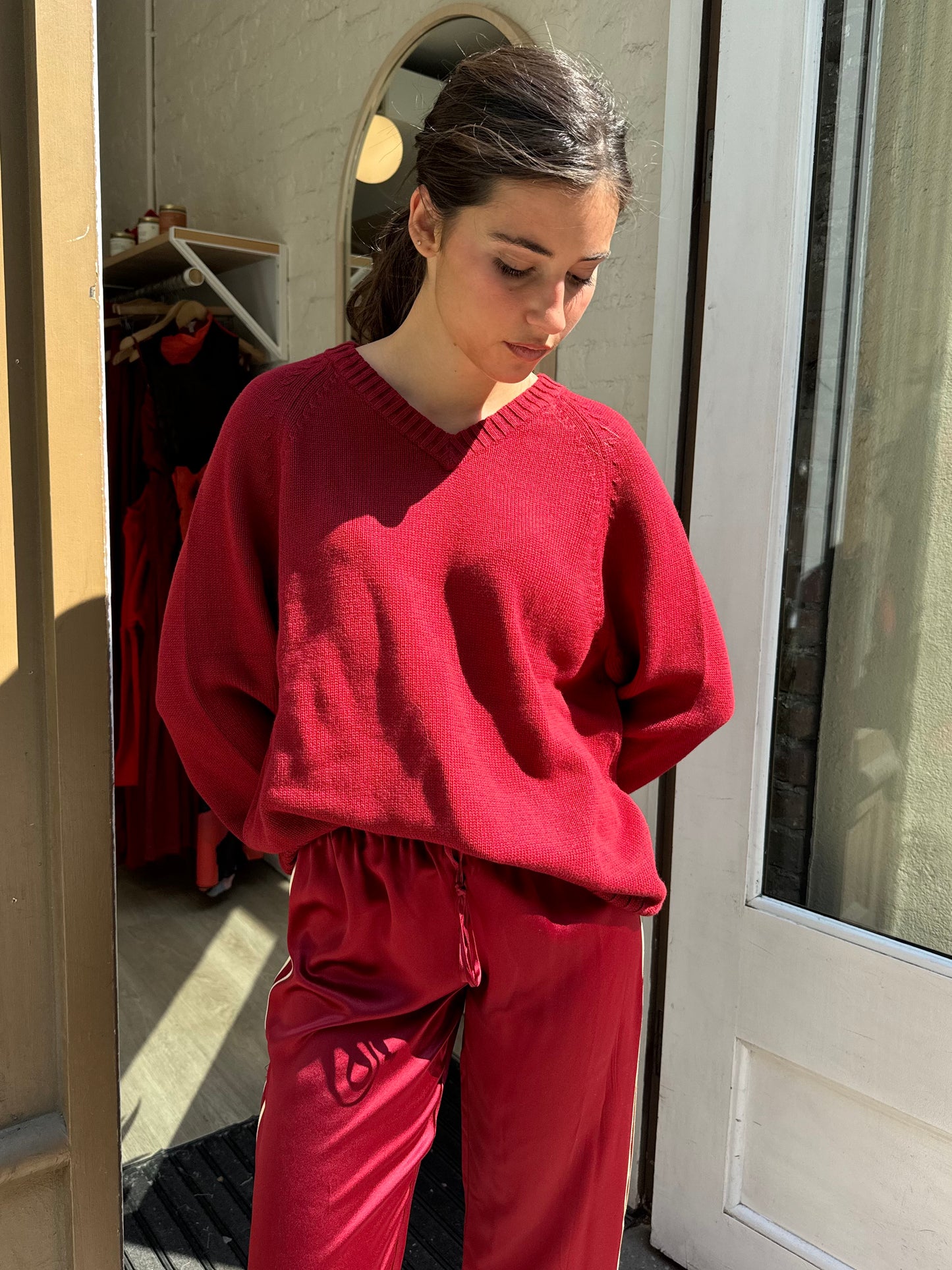 The Cotton V-Neck Sweater in Rouge