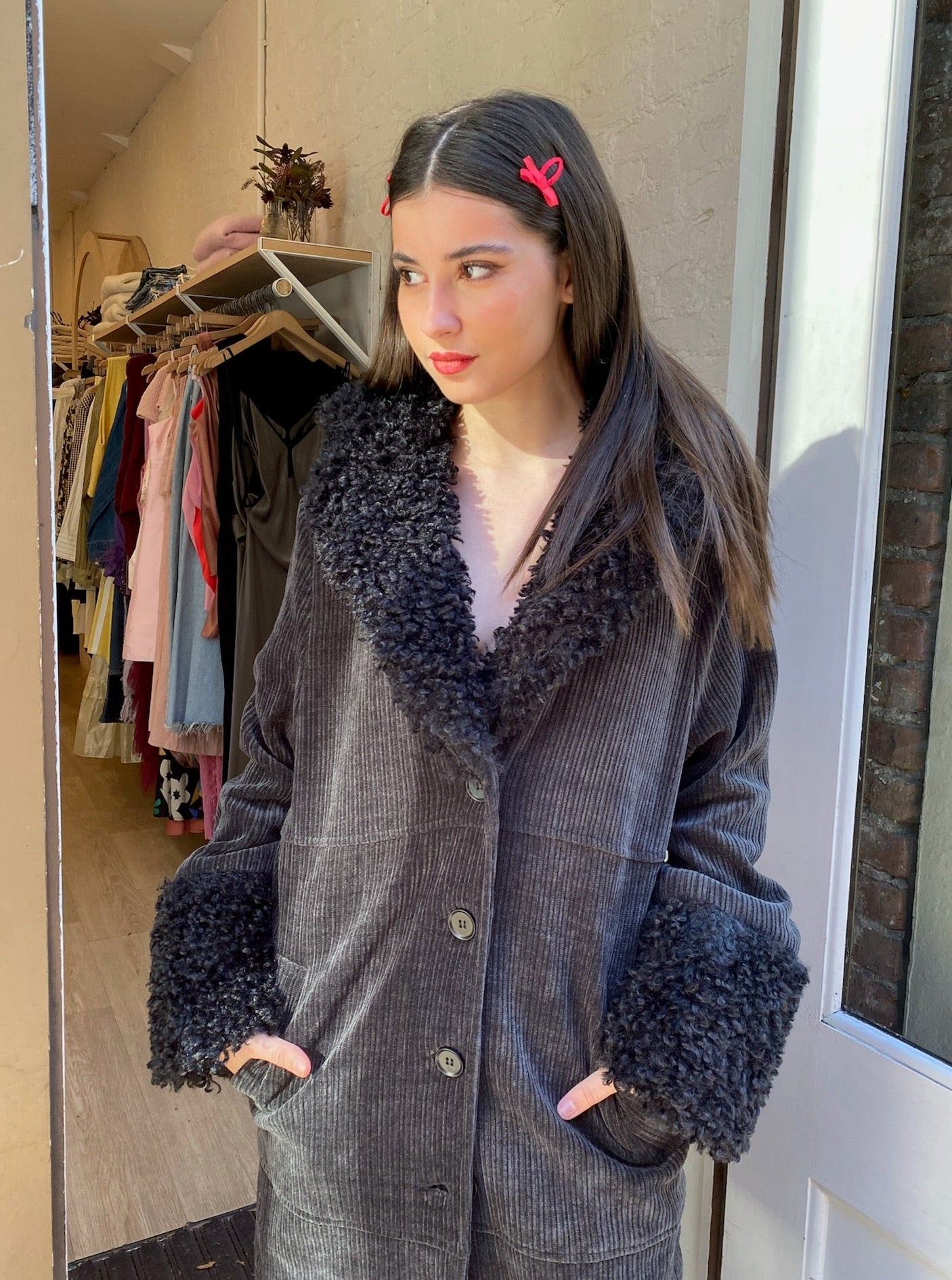 Crystal Faux Fur Coat in Black