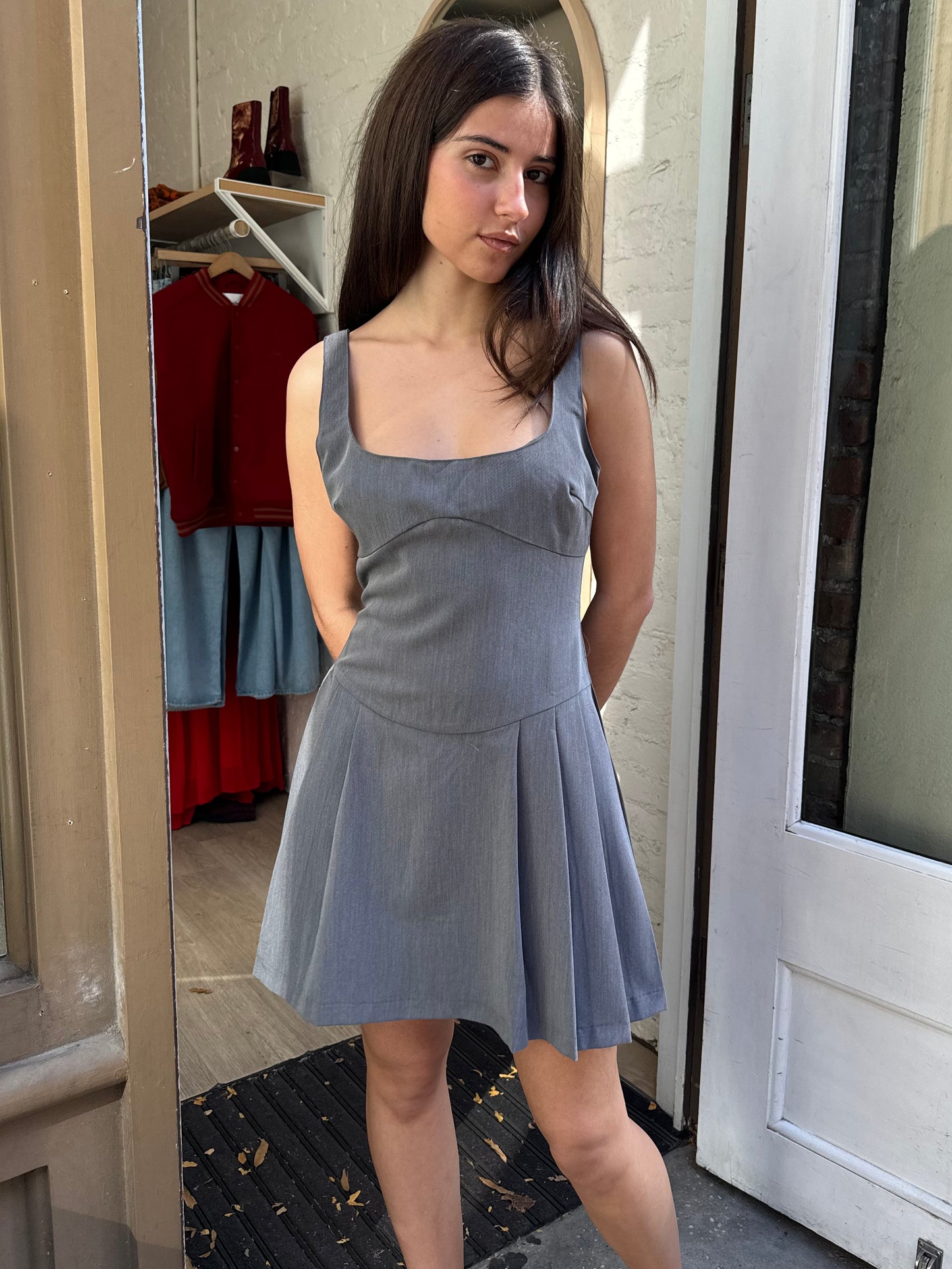 Nichols Pleated Mini Dress in Grey