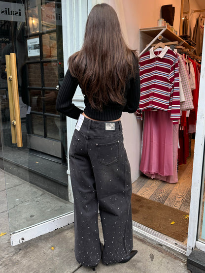 Crystallised Wide Leg Denim in Jet Black