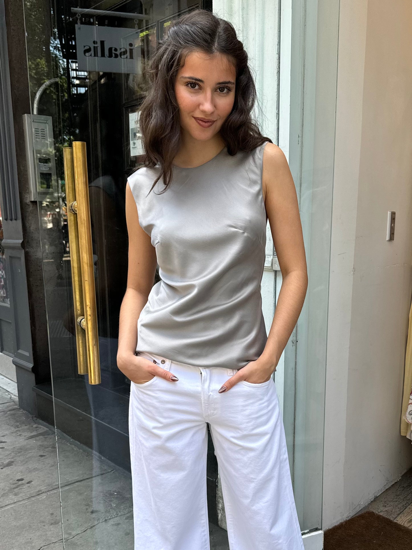 Soft Silk Rouleau Tie Top in Silver