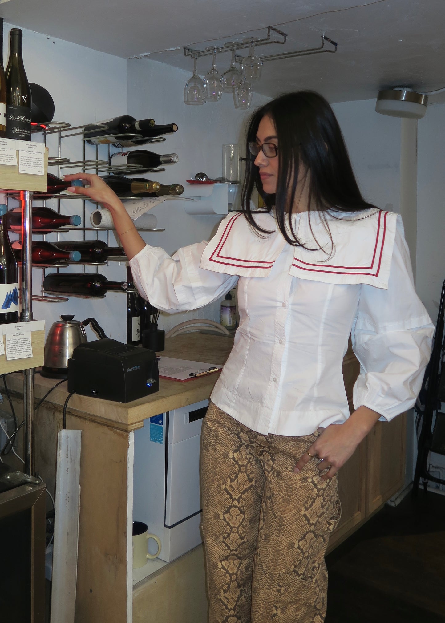 Elise Blouse in White w Red Piping