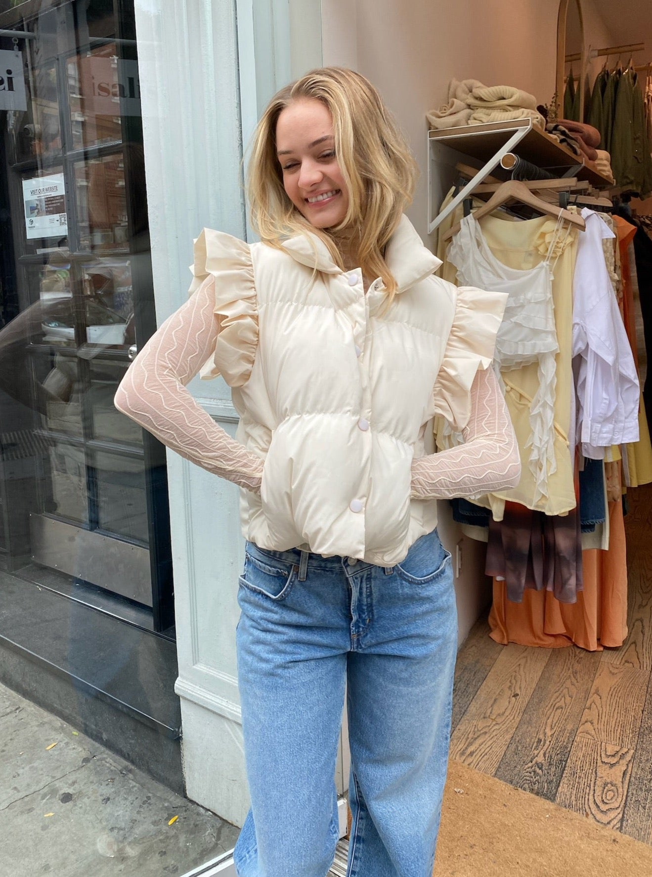 Ryanna Ruffle Crop Puffer Vest in Cream