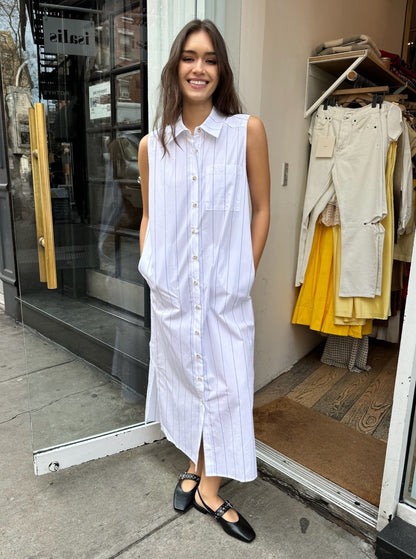 The Stripe Pop Sleeveless Dress in Navy Pinstripe