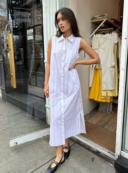 The Stripe Pop Sleeveless Dress in Navy Pinstripe