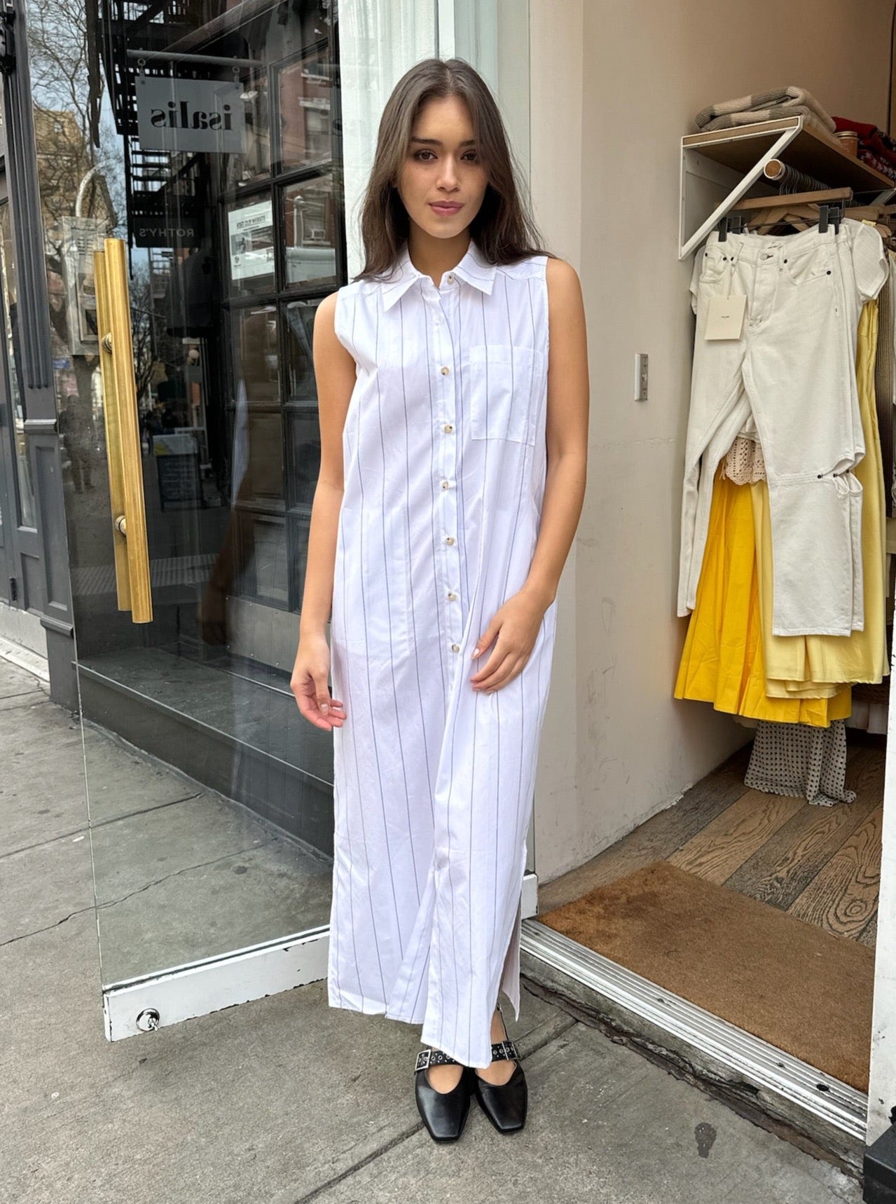 The Stripe Pop Sleeveless Dress in Navy Pinstripe