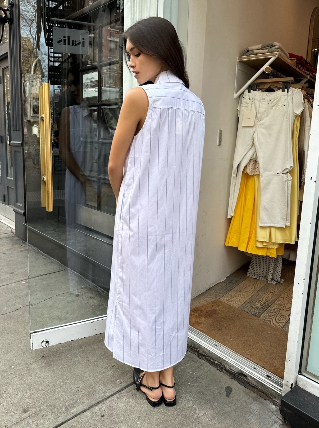 The Stripe Pop Sleeveless Dress in Navy Pinstripe