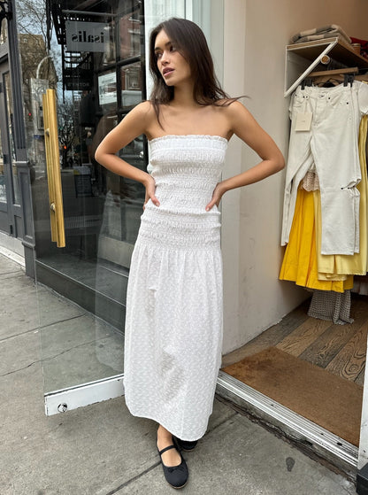 Hempstead Smocked Tube Dress in White Eyelet