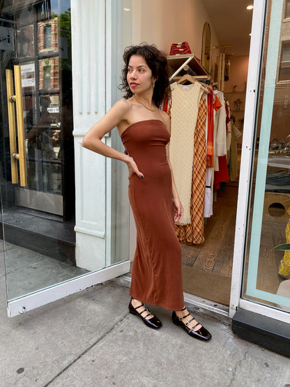 The Strapless Tie Back Midi Dress in Umber